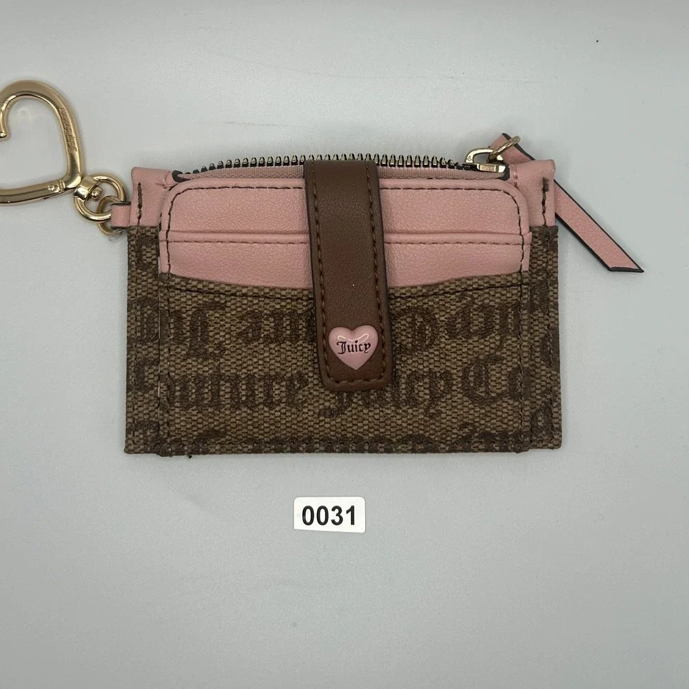Juicy Couture Card Holder‎ Wallet Pouch Keychain Heart Charm Pink Brown Monogram